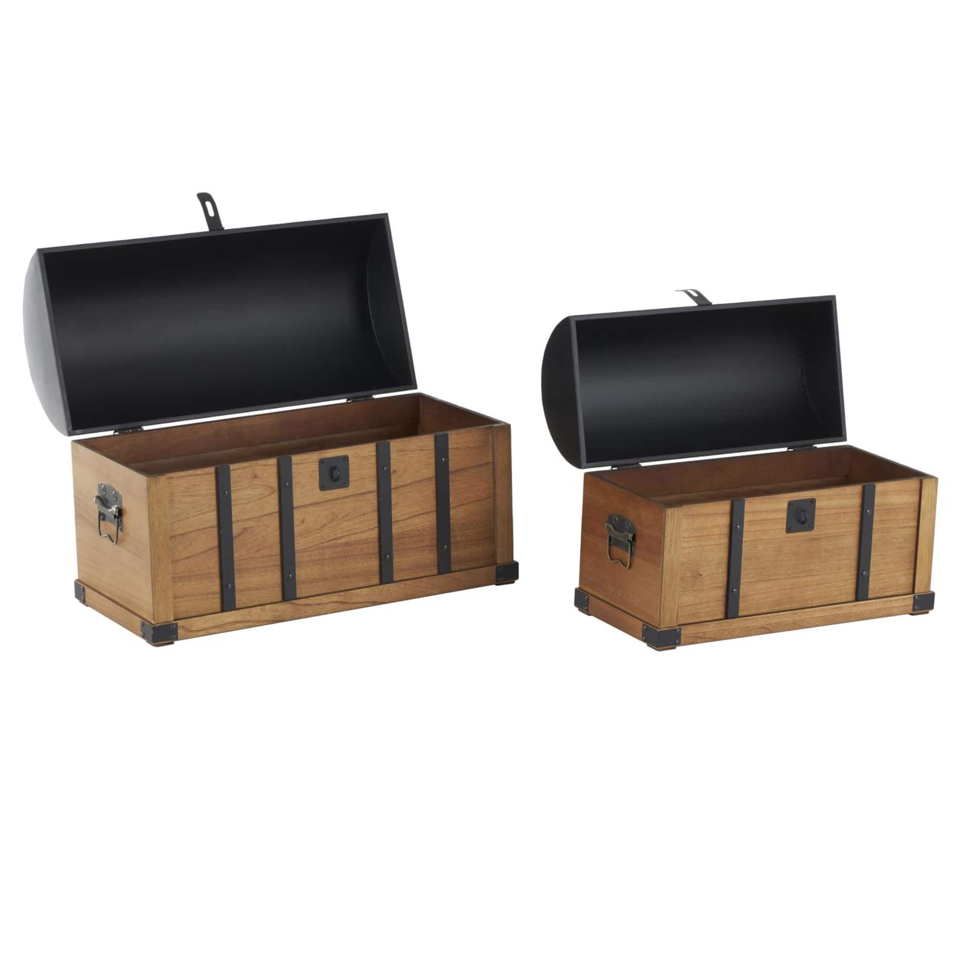 Brown Studded Storage Trunk with Black Metal Arched Tops & Vertical Strips Set